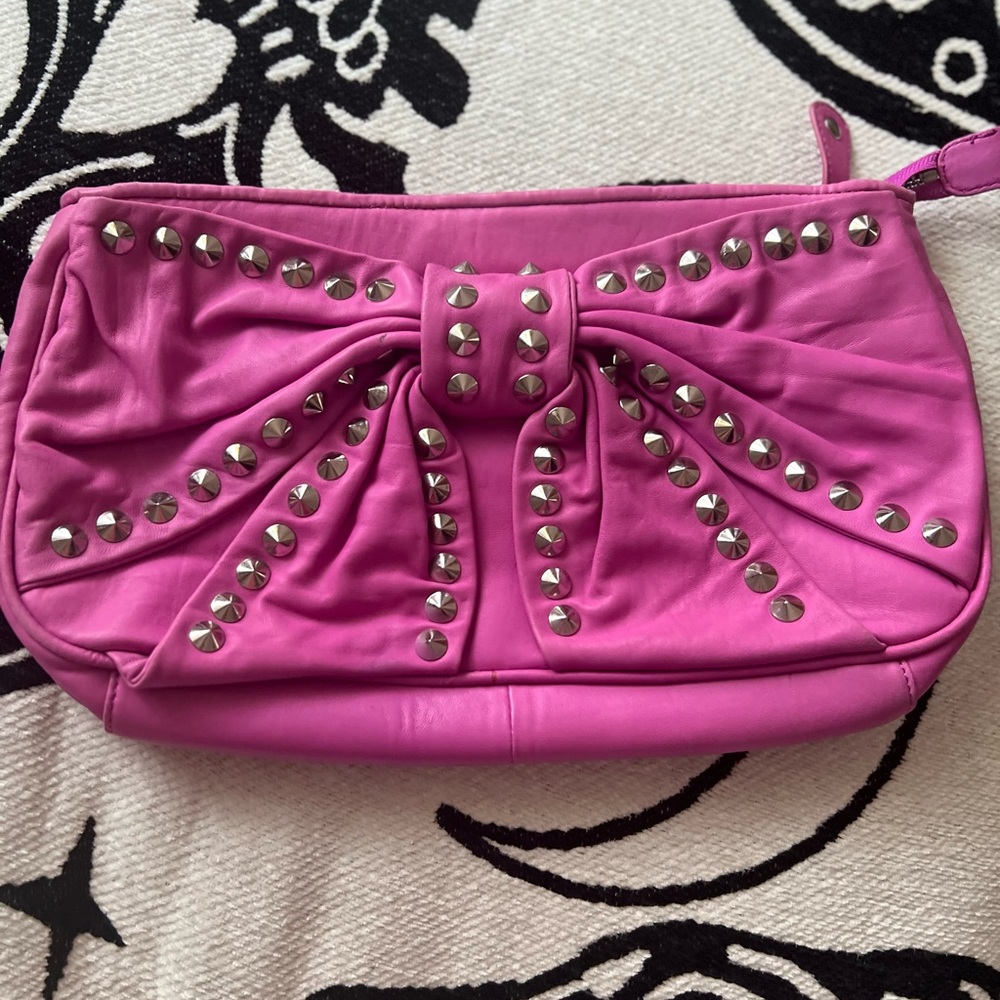 Betsey Johnson Pink Bow Clutch with Silver Studs